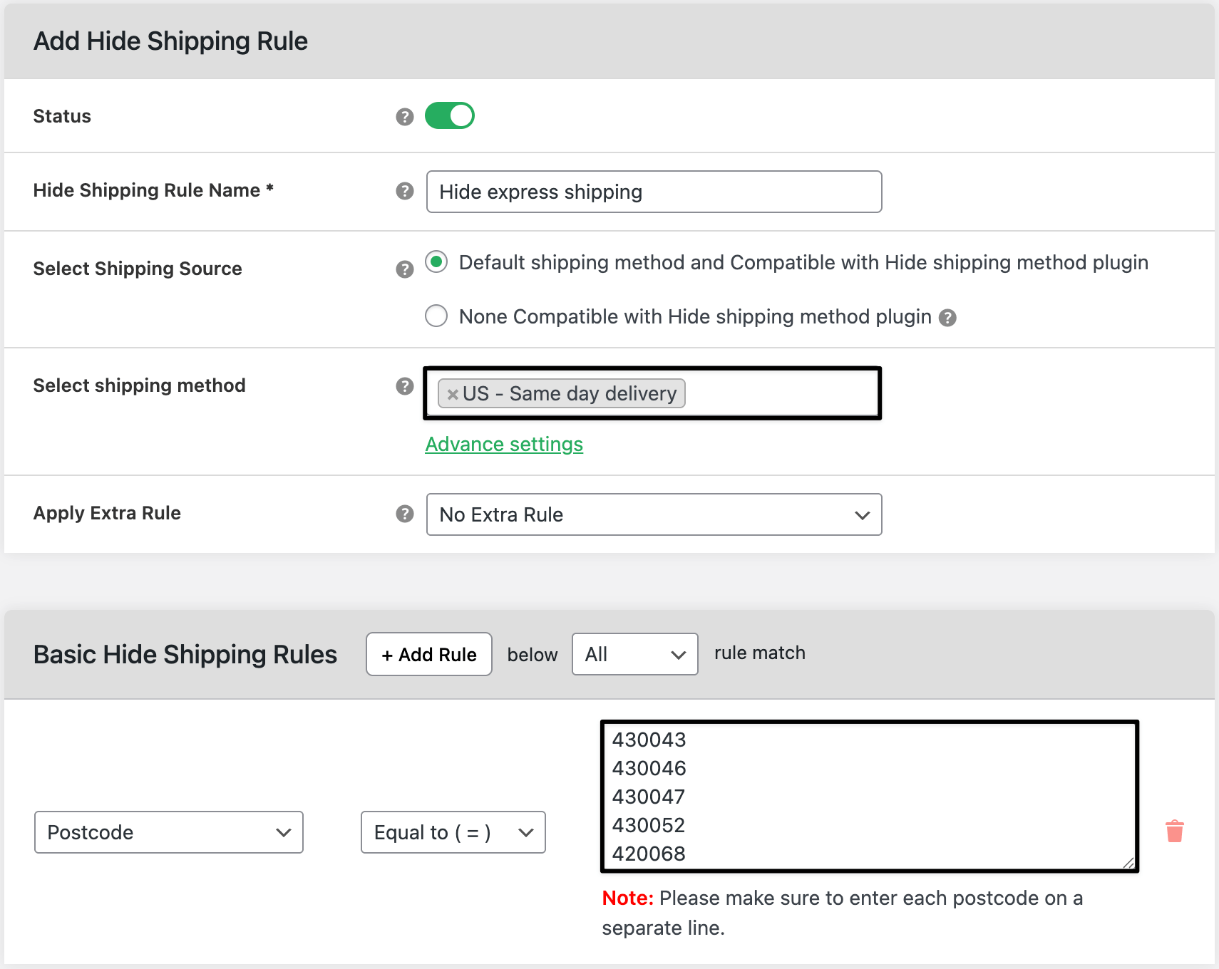 rular area admin setting to hide same day delivery