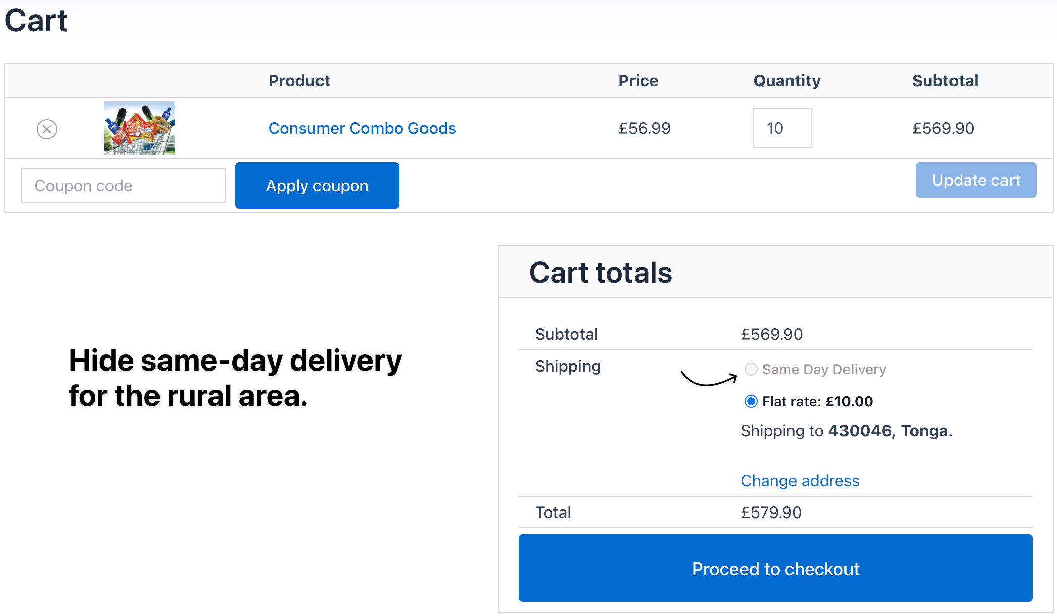 rural area shipping hidden on checkout with same day delivery