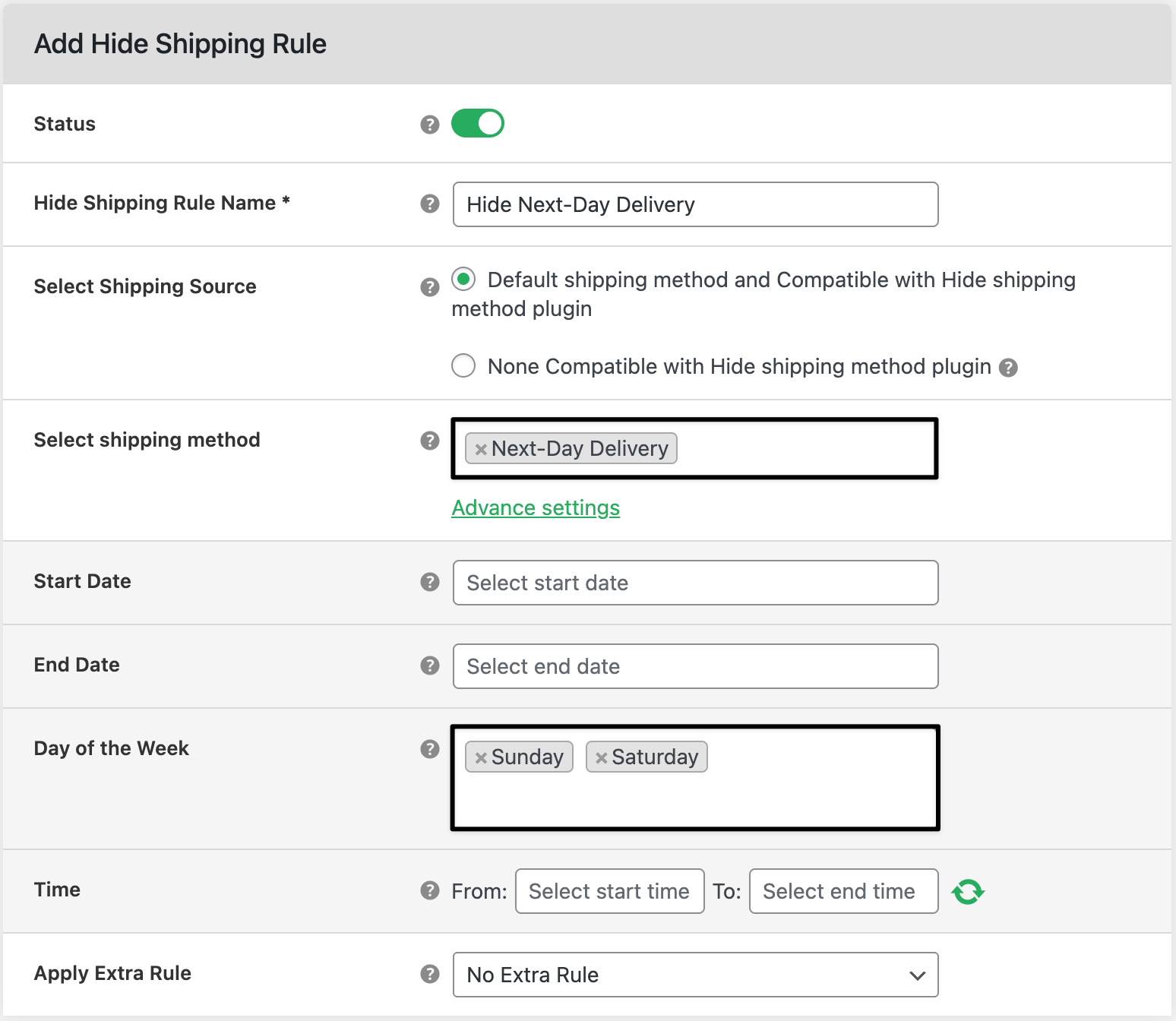 hide next day shipping admin setting