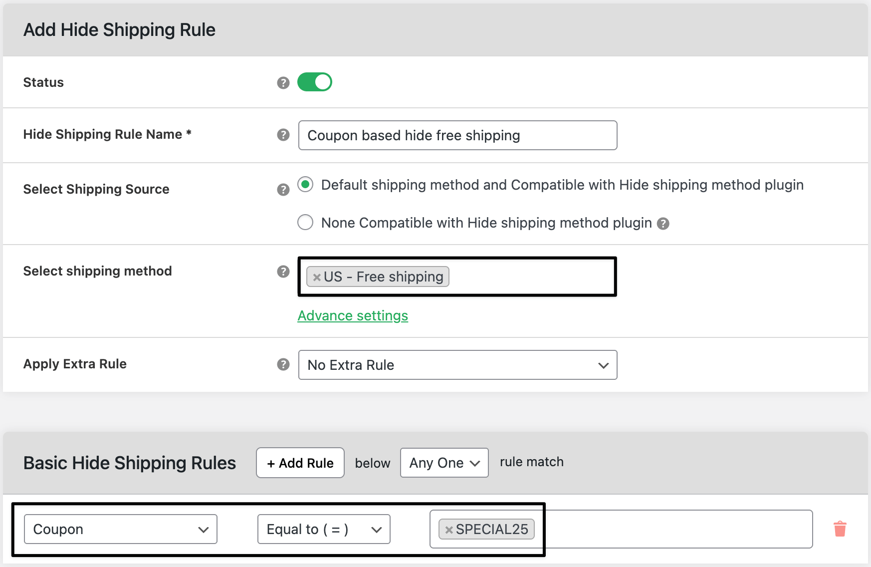 hide coupon based shipping admin settings