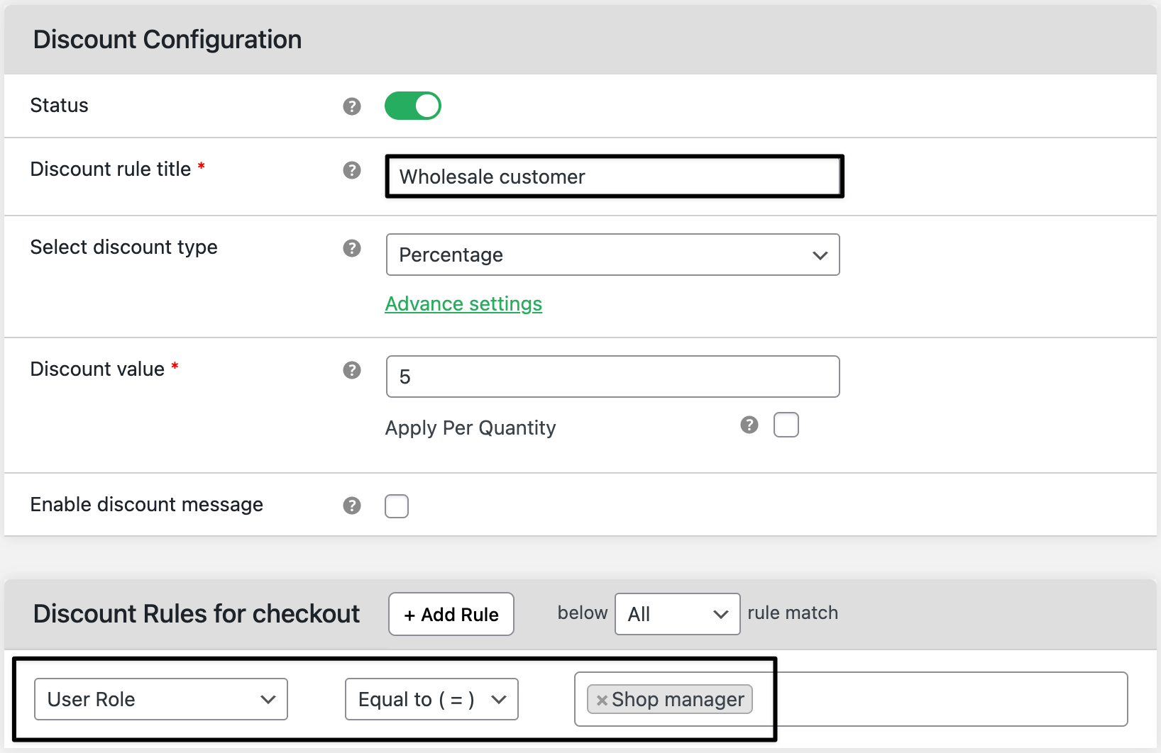 Wholesale customer discount settings