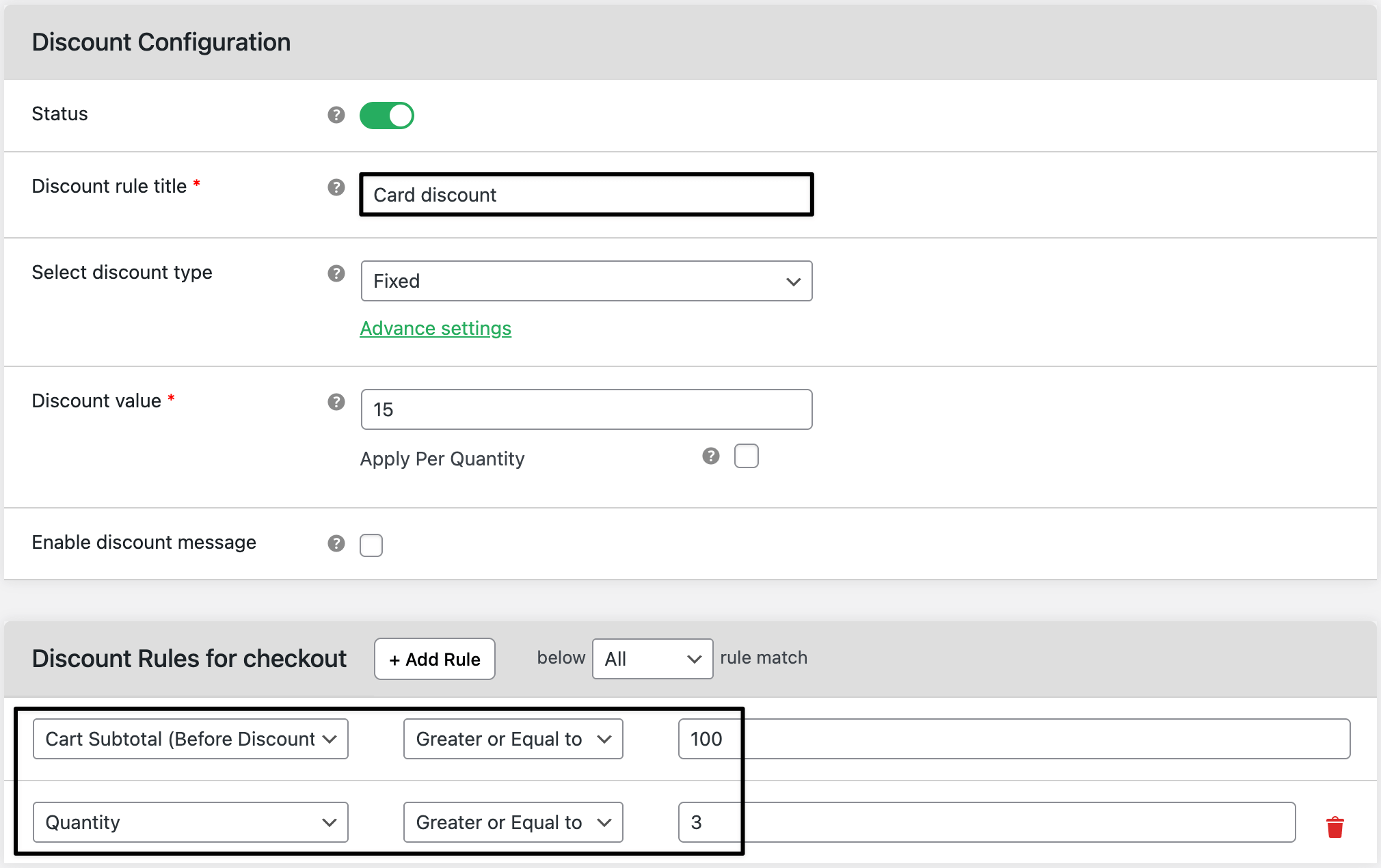 cart discount admin settings