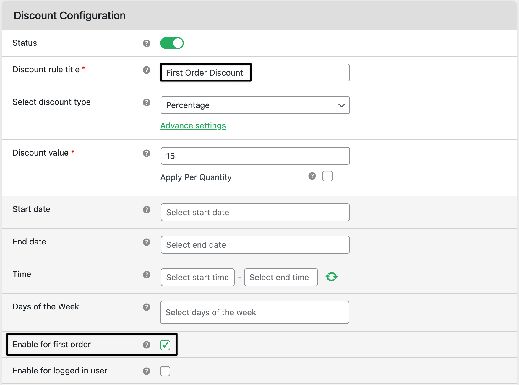 First order discount settings