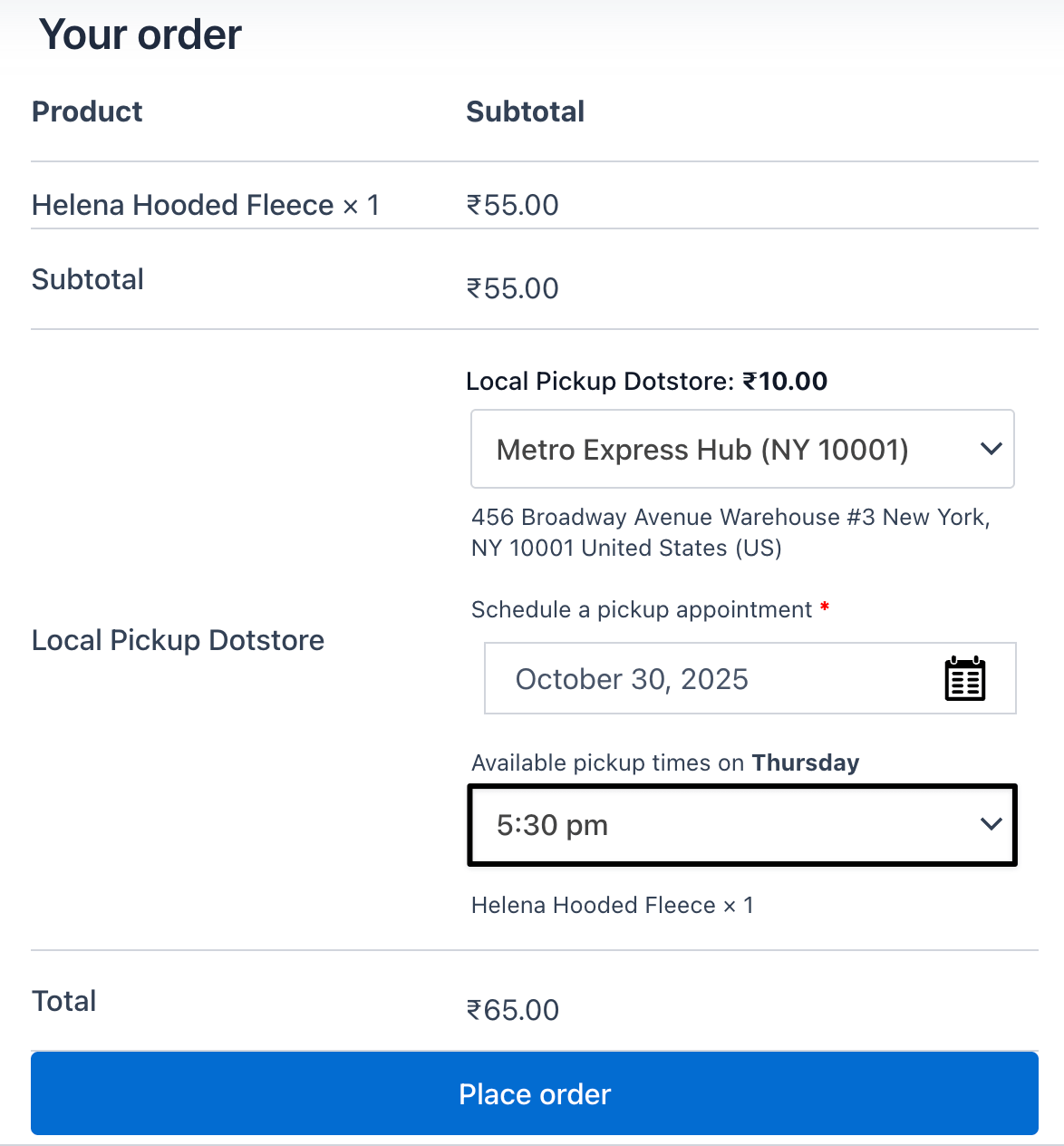 pickup time selection
