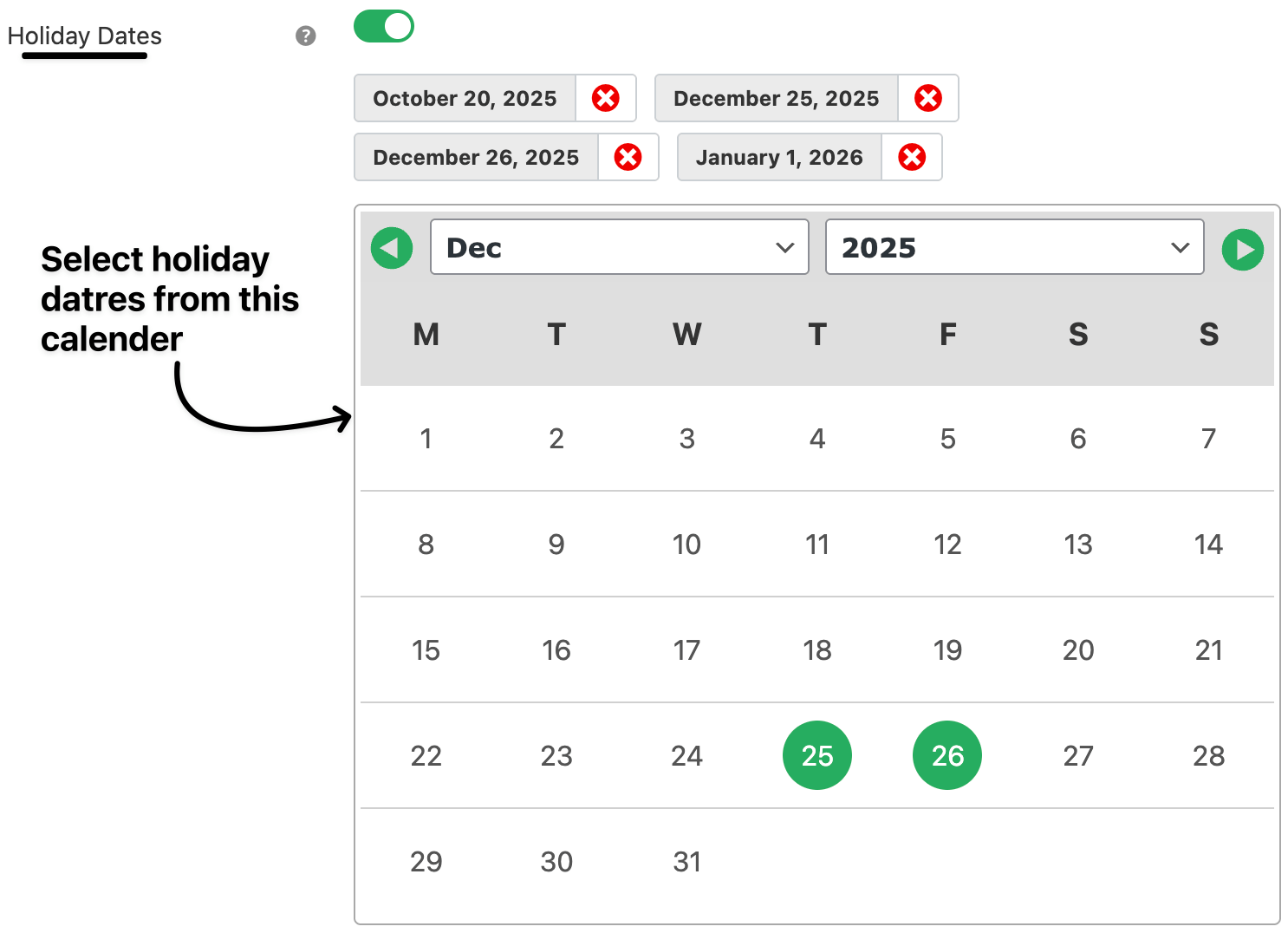 Public holiday settings