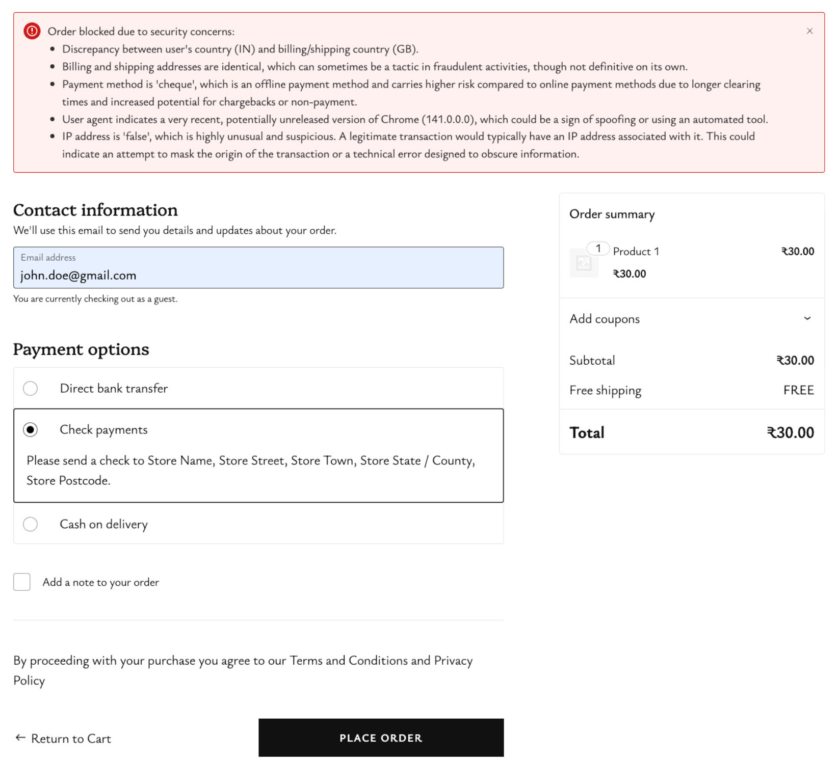 Ai checkout page error