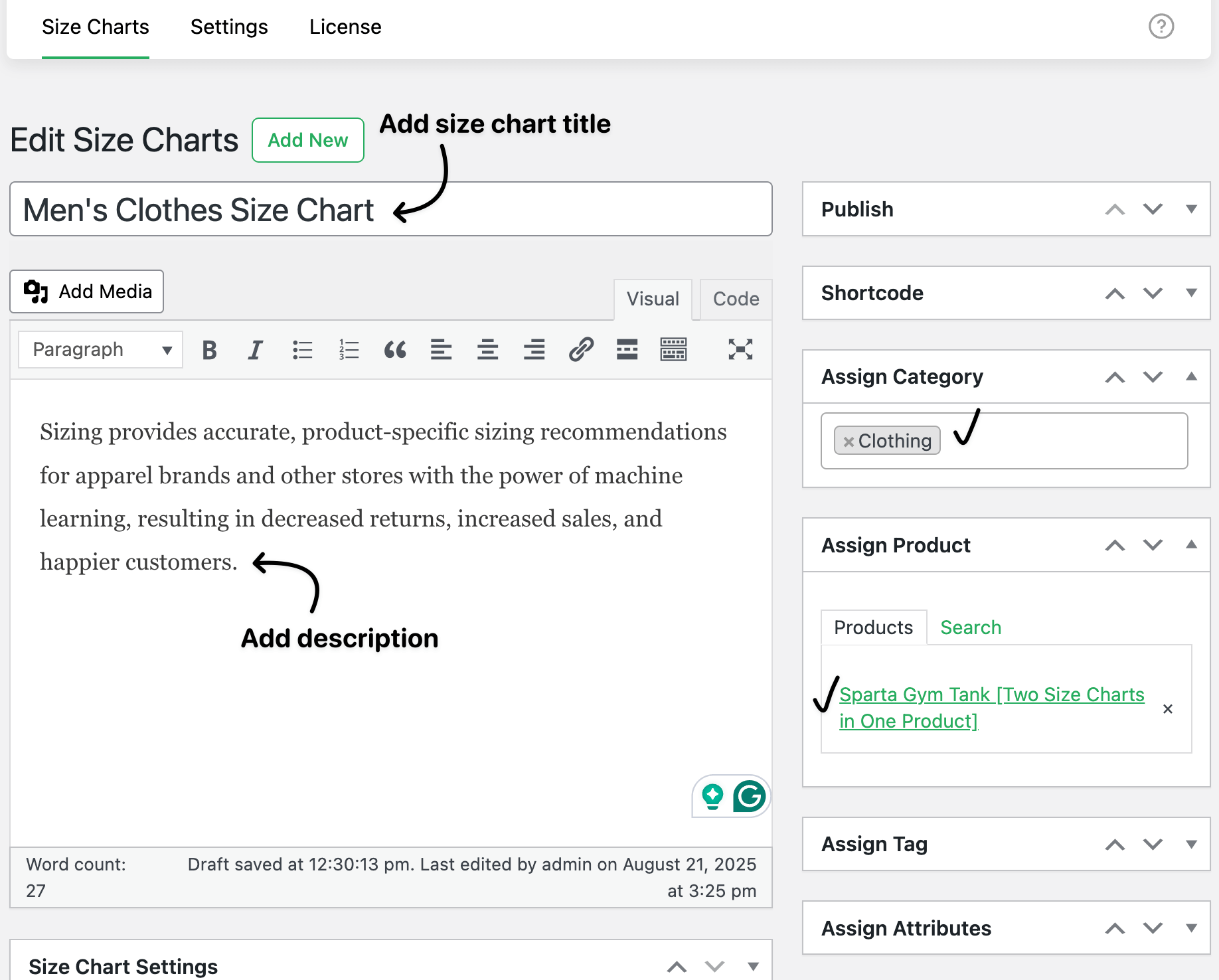 Add size chart settings