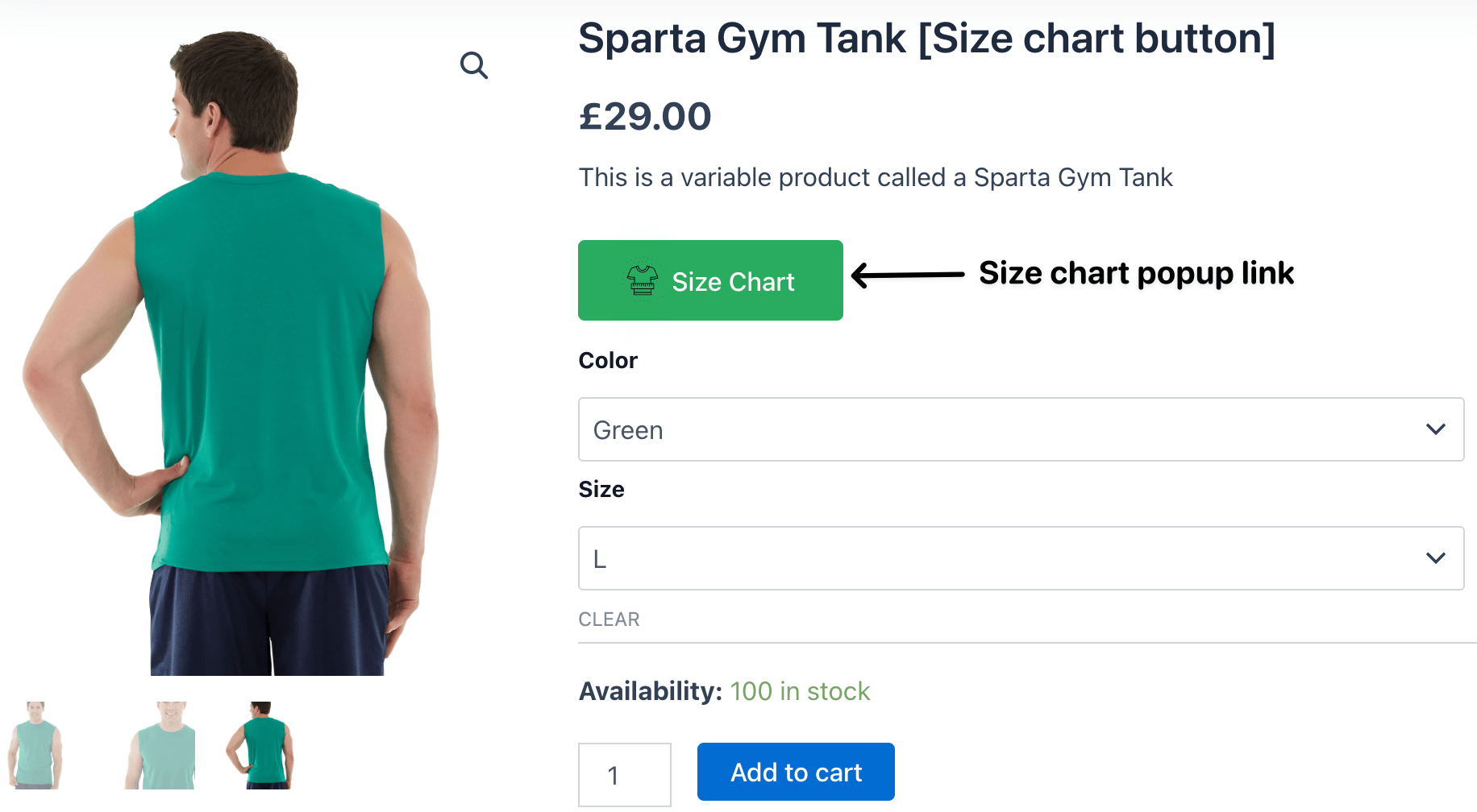 Size chart link on product page