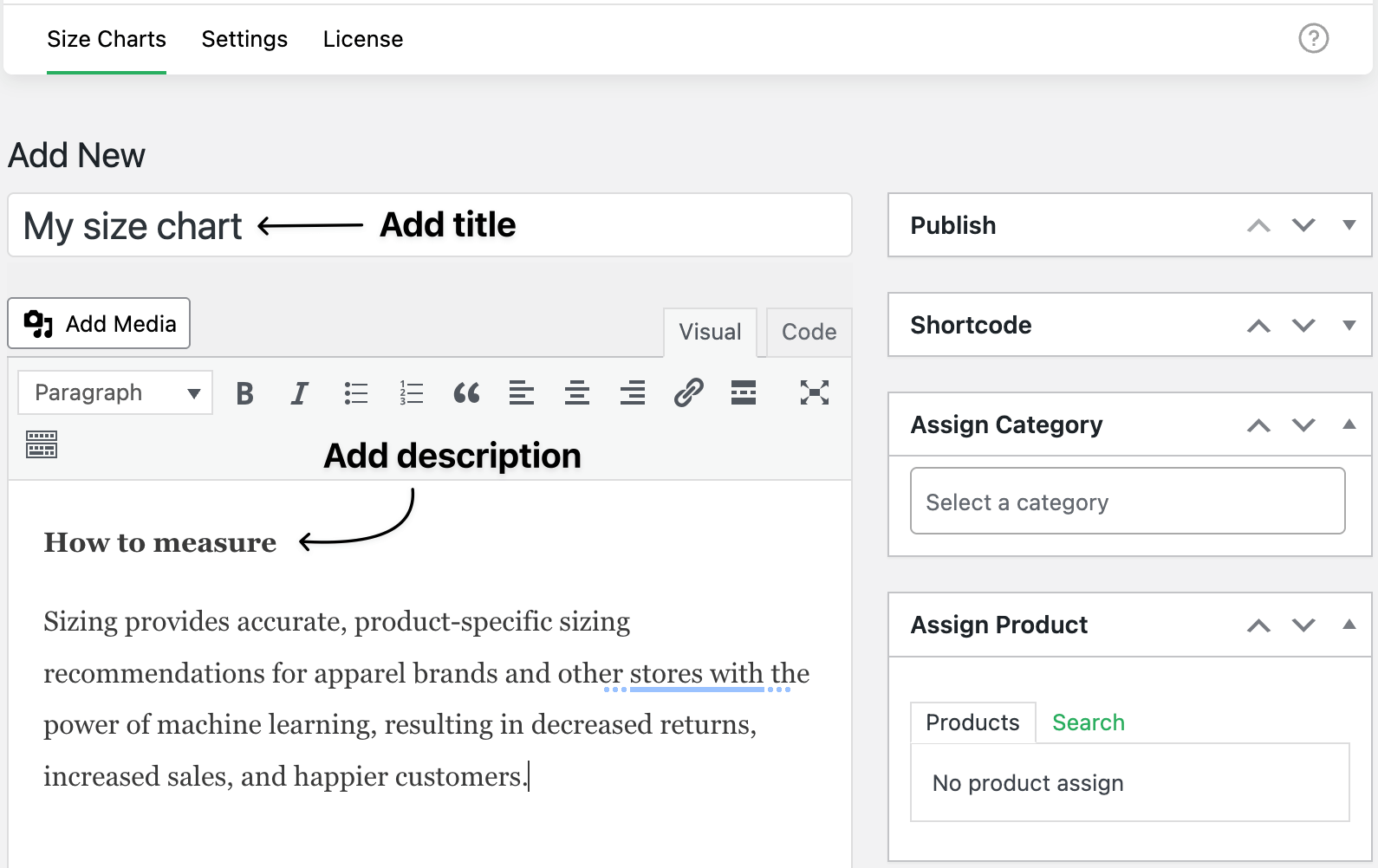 Add title of size chart with description