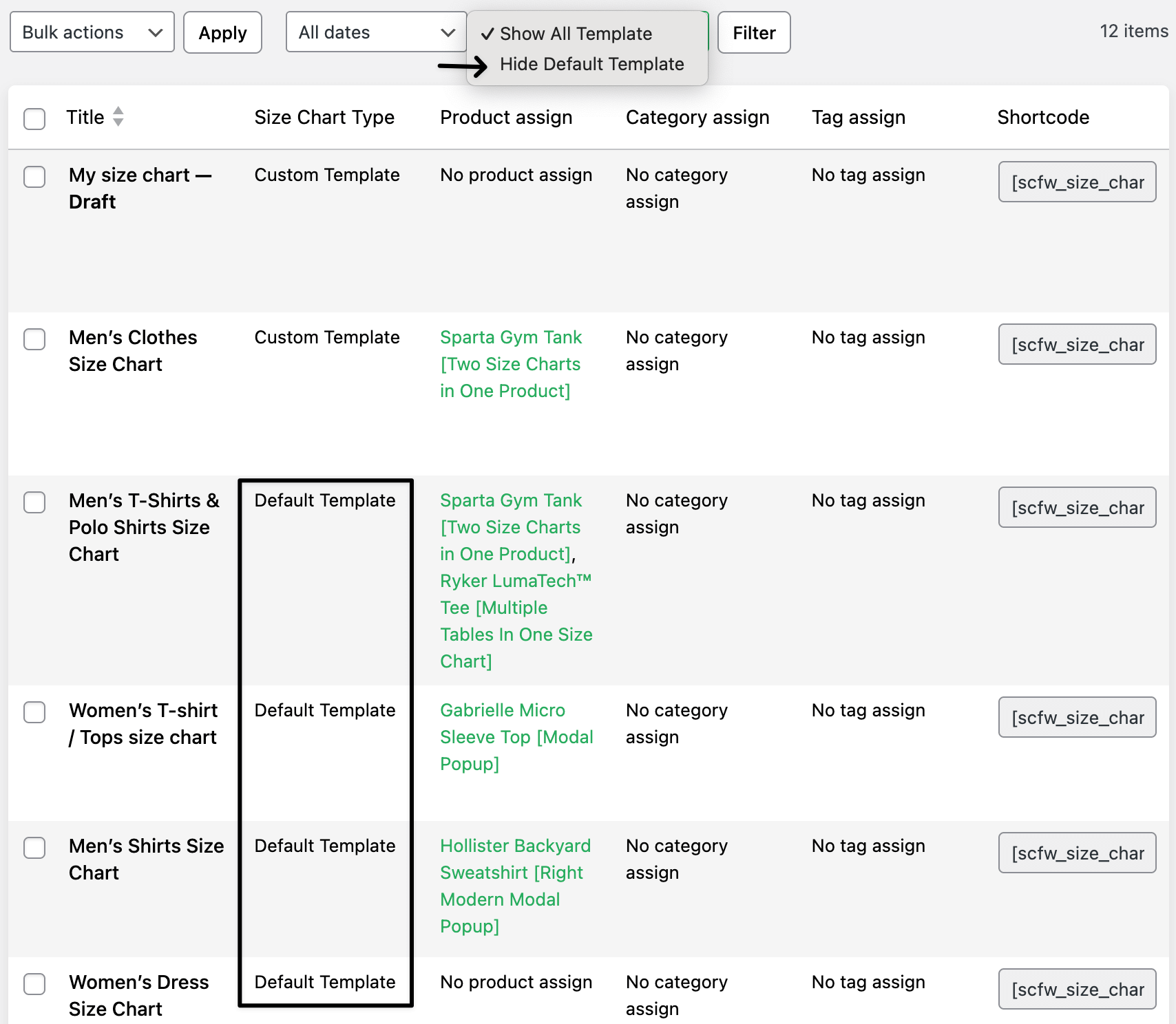 Default size chart list