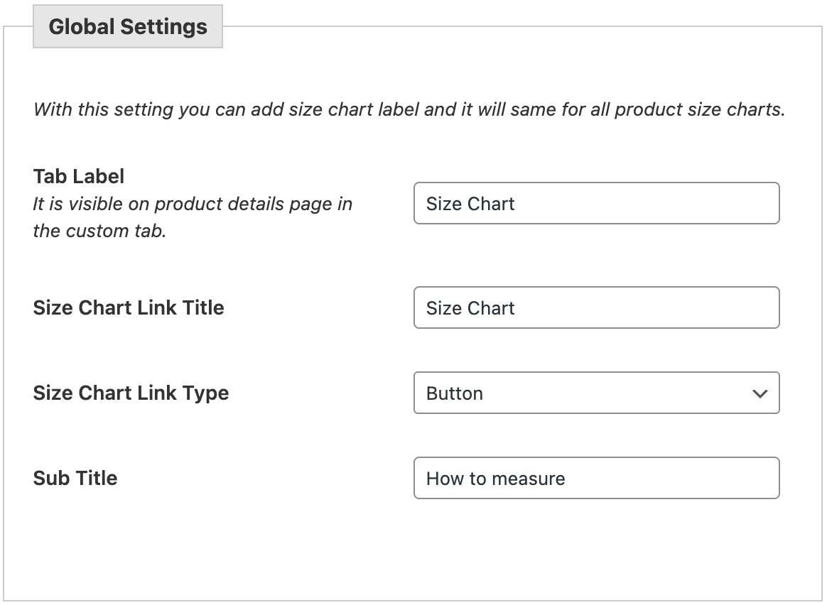 Size chart global settings