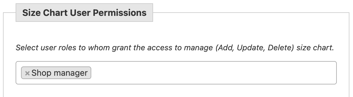 Size chart user permissions