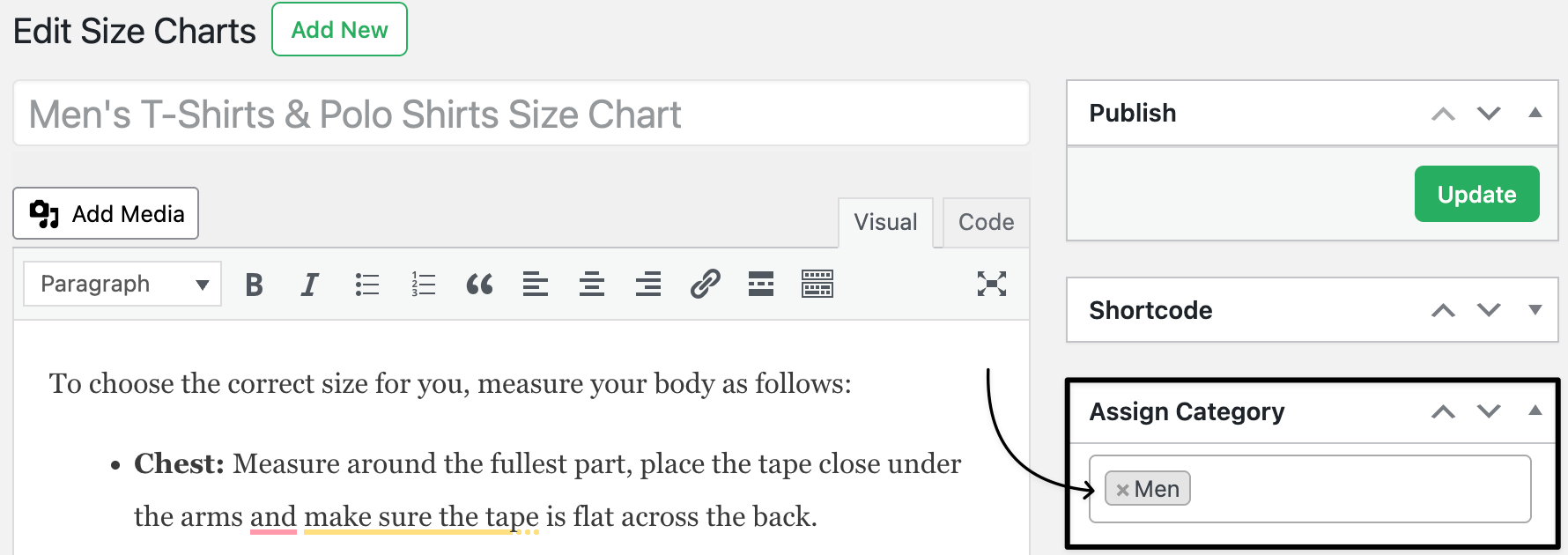 Add size chart to specific category