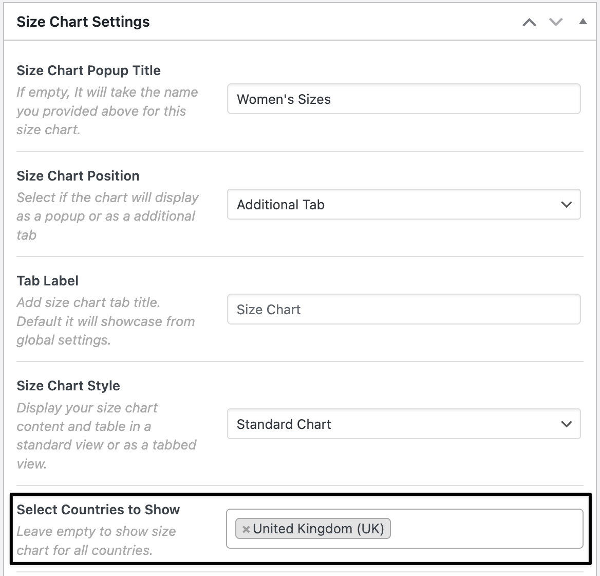 Country assignment to size chart