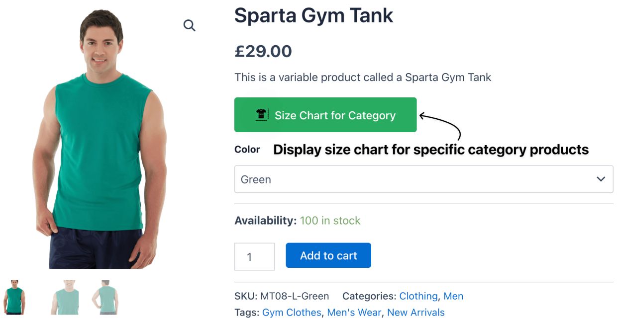 Size chart for specific product