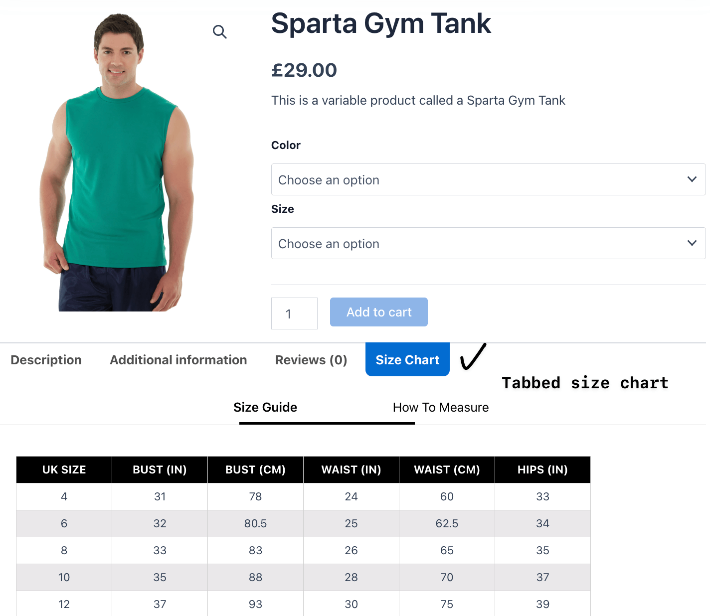 Tab size chart on product page