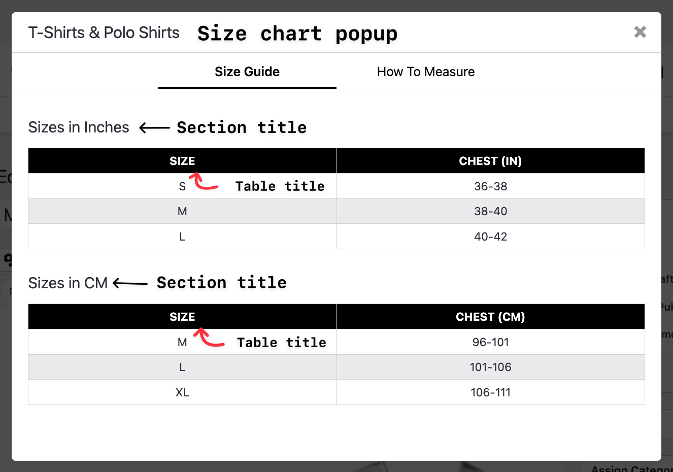 Size chart table with advanced title