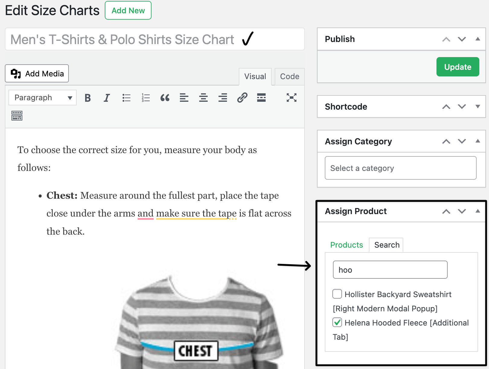 Assign product to default size chart