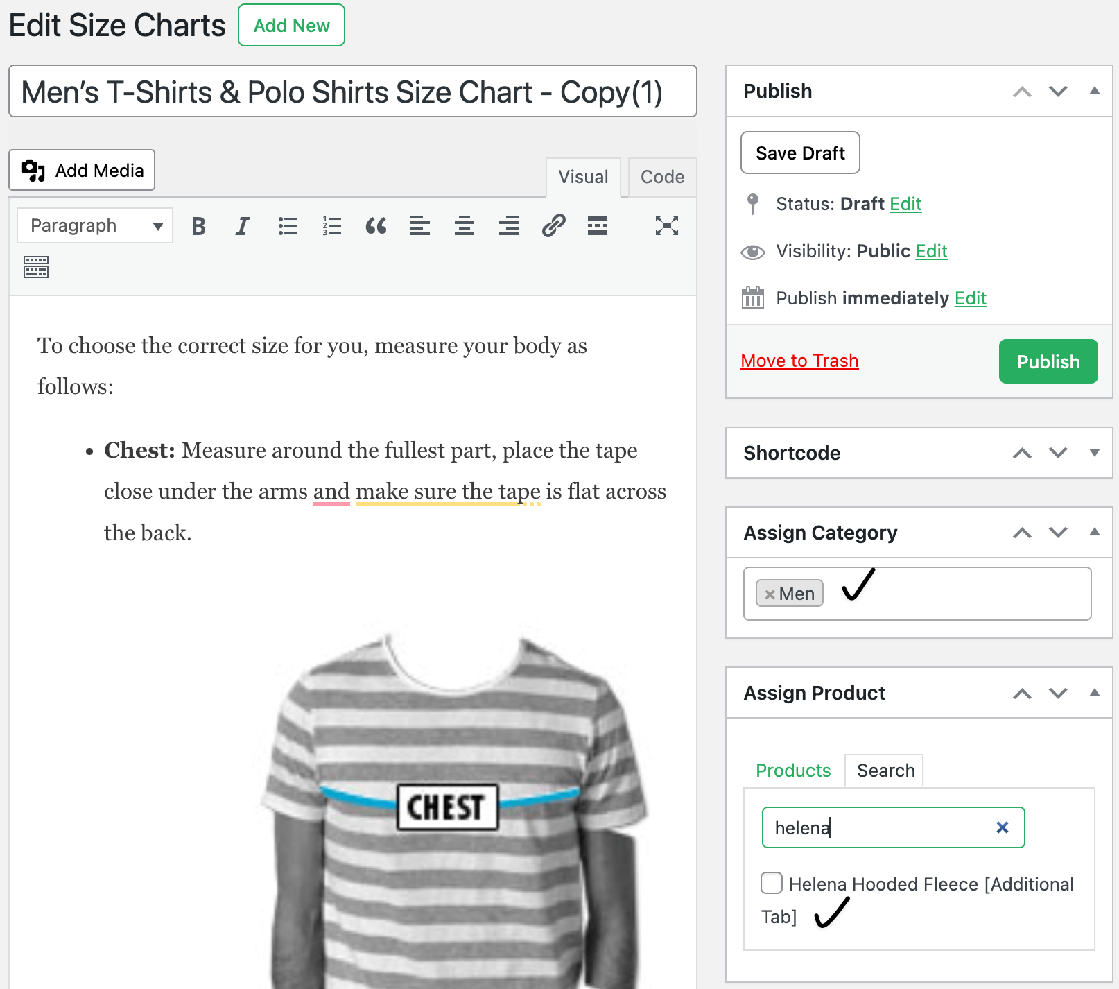 Assign default size chart to product and categories