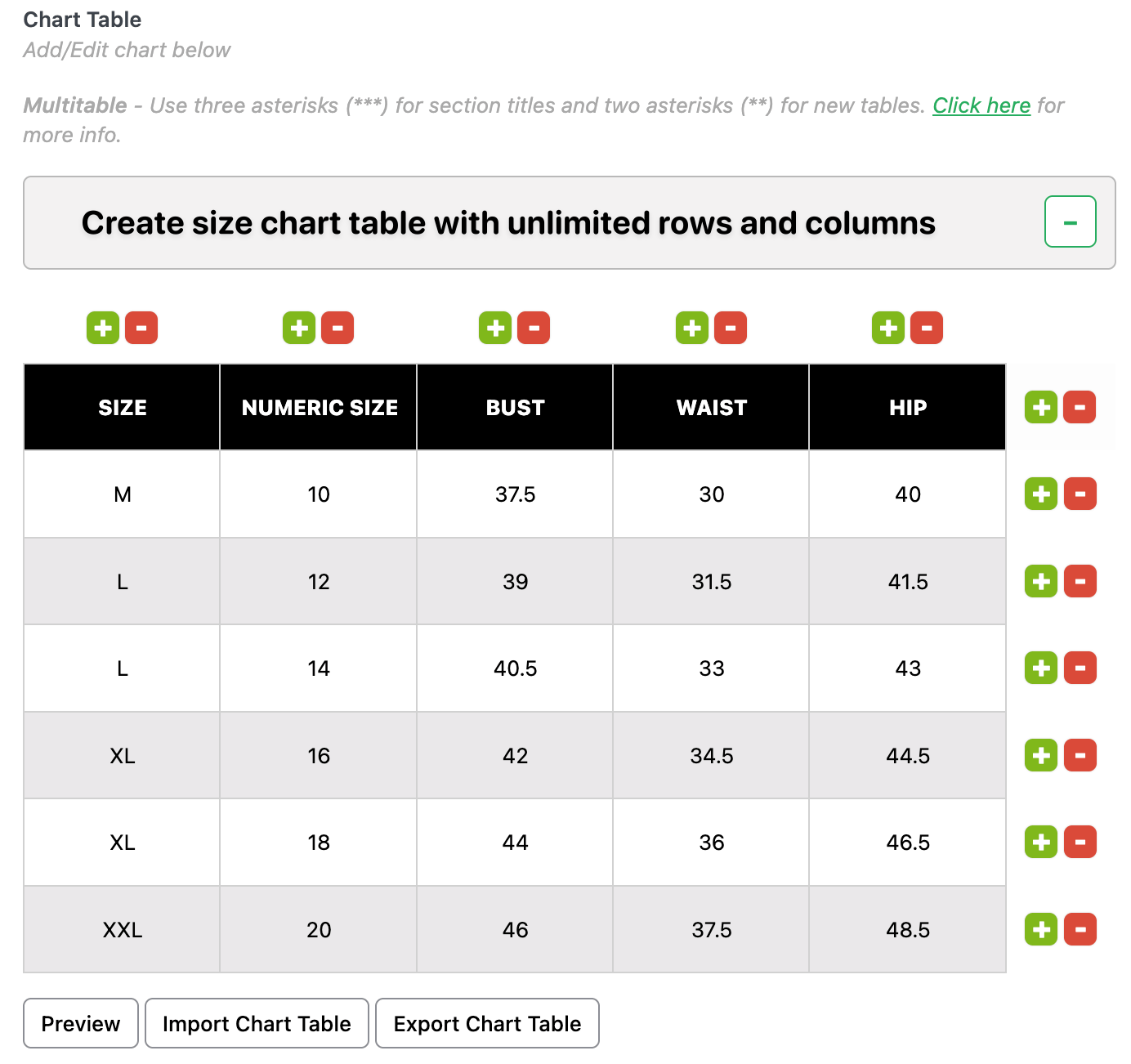 size chart table