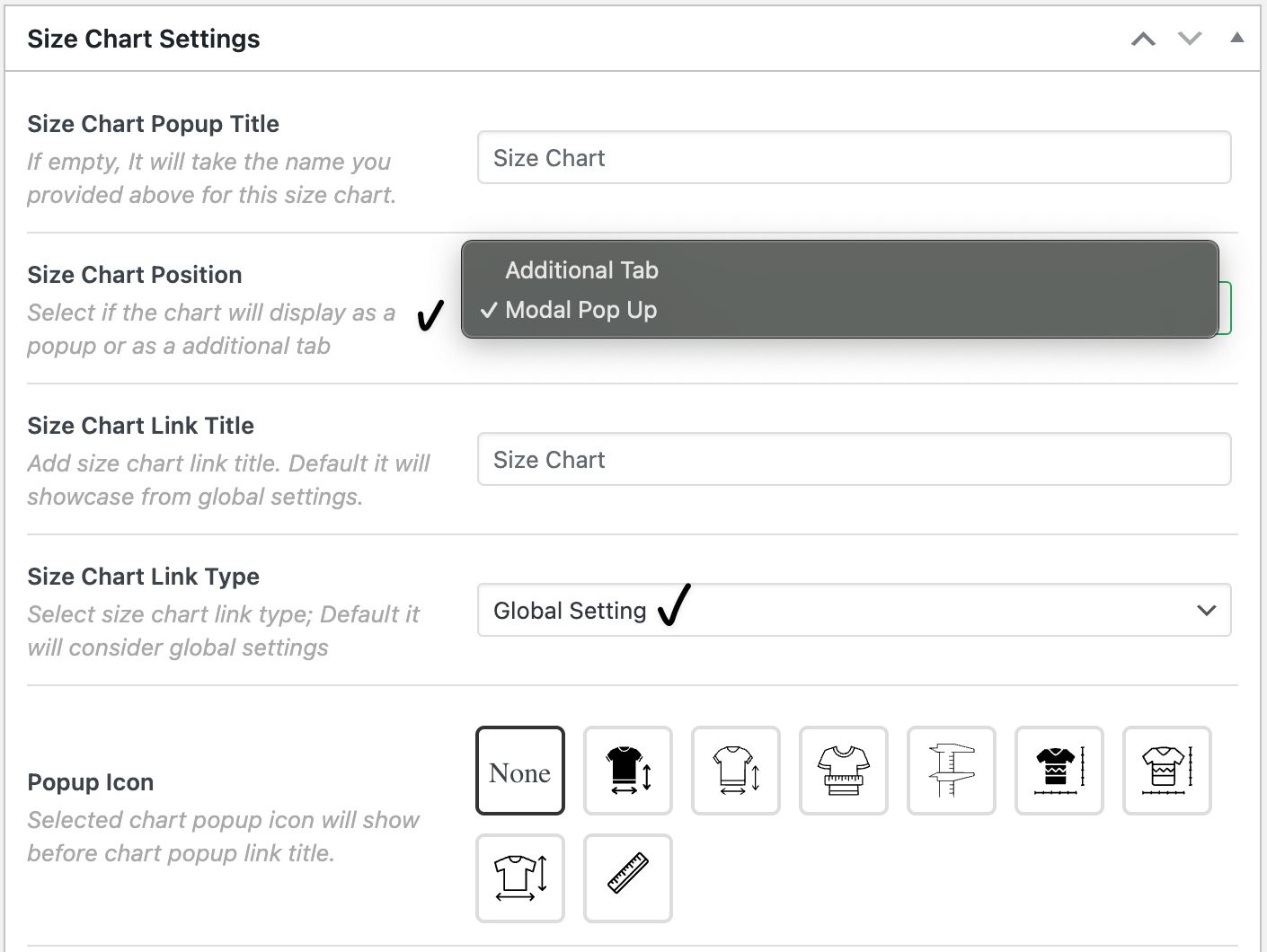 size chart display position