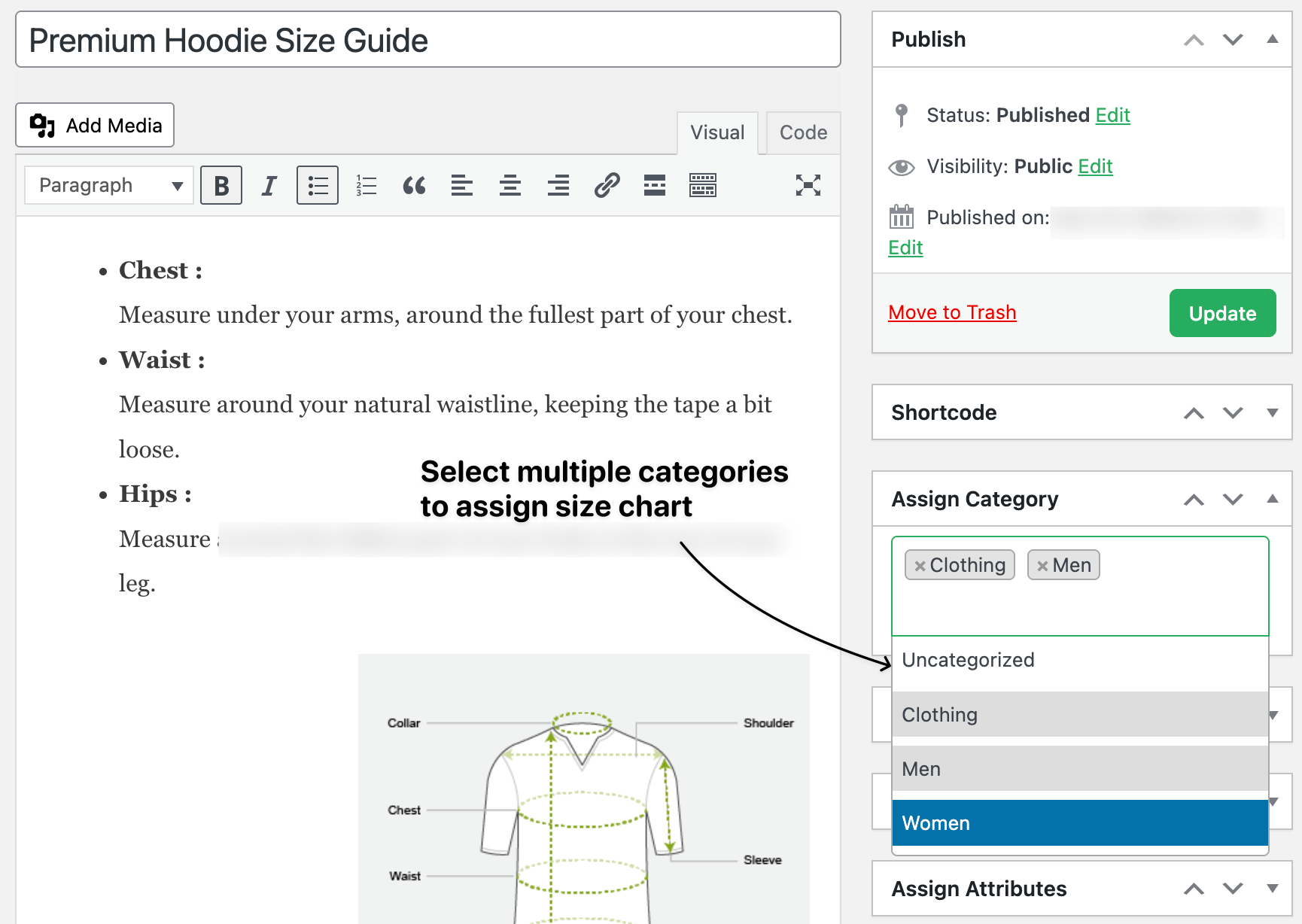 Assign multiple categories to size chart