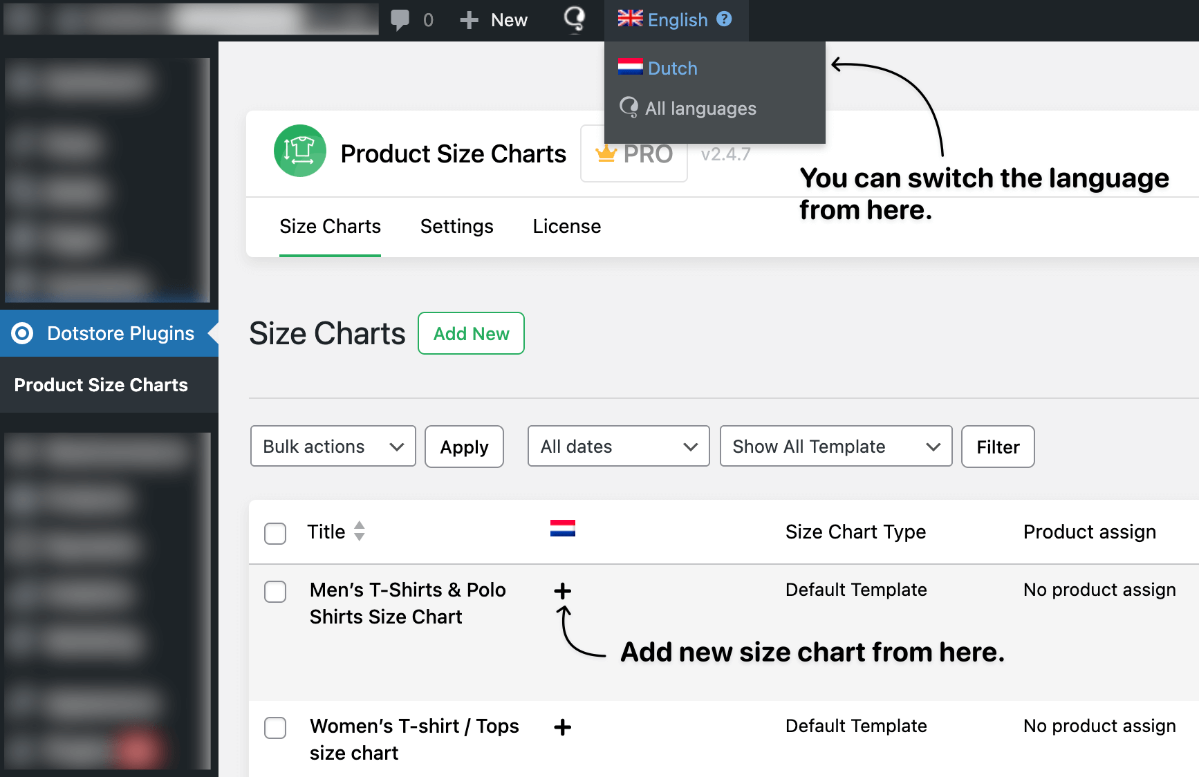 Switch or add new size chart for language
