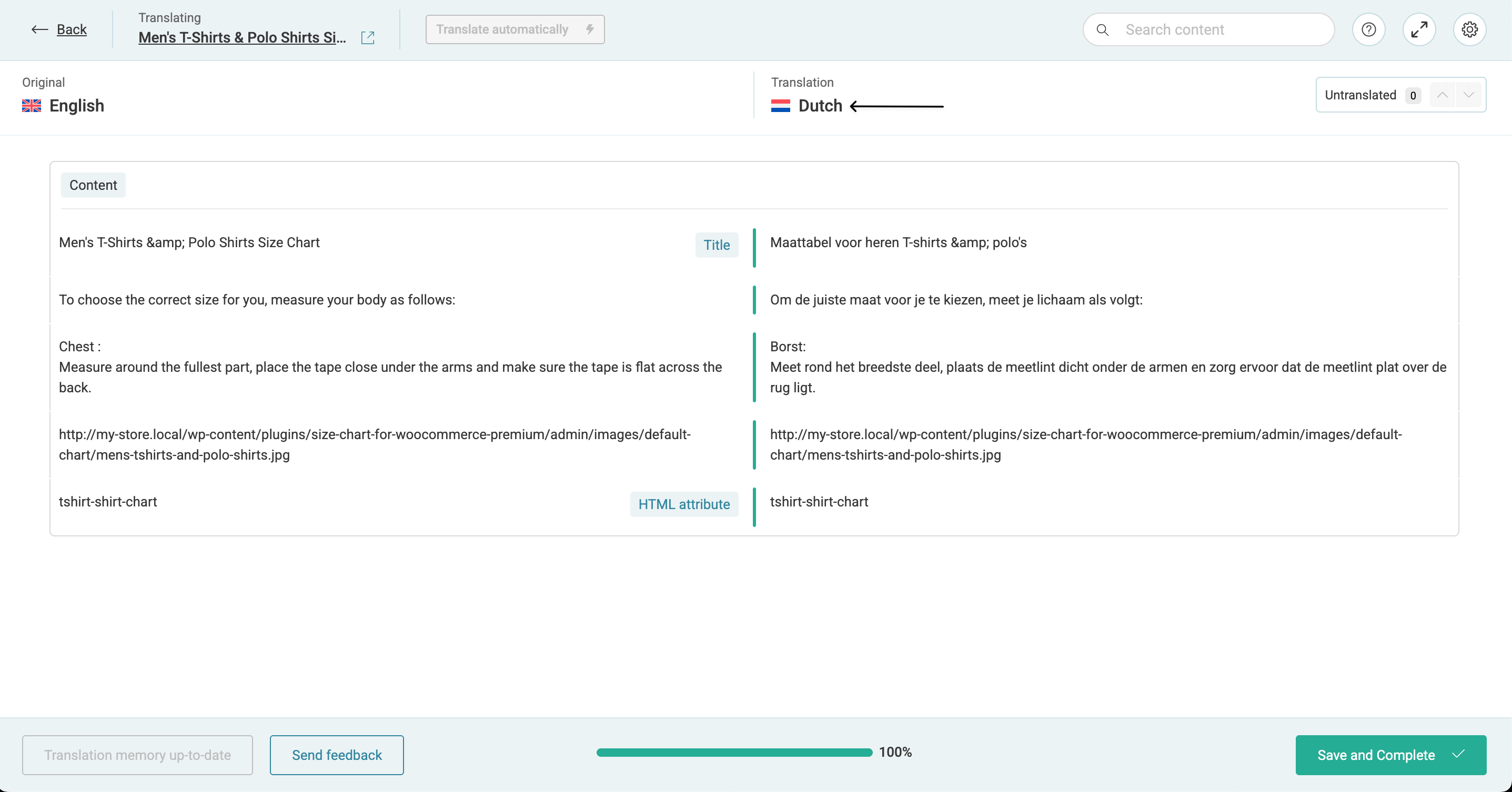 Translate size chart