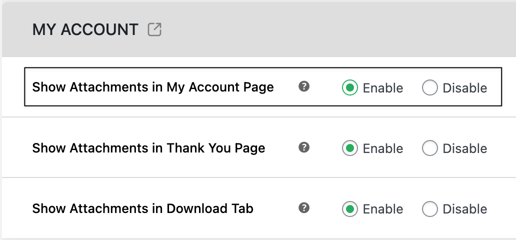My account page attachment settings