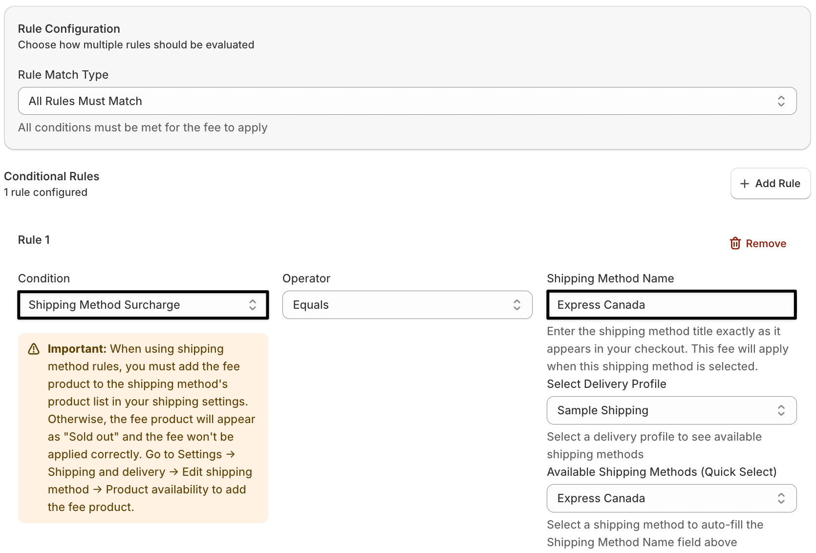 Fee rule settings