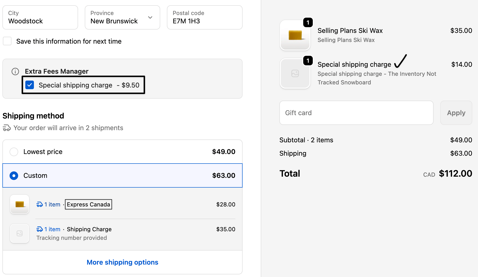 specific shipping method based fee
