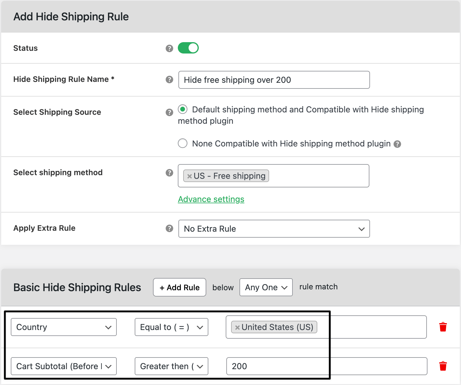 Configure rules to hide free shipping