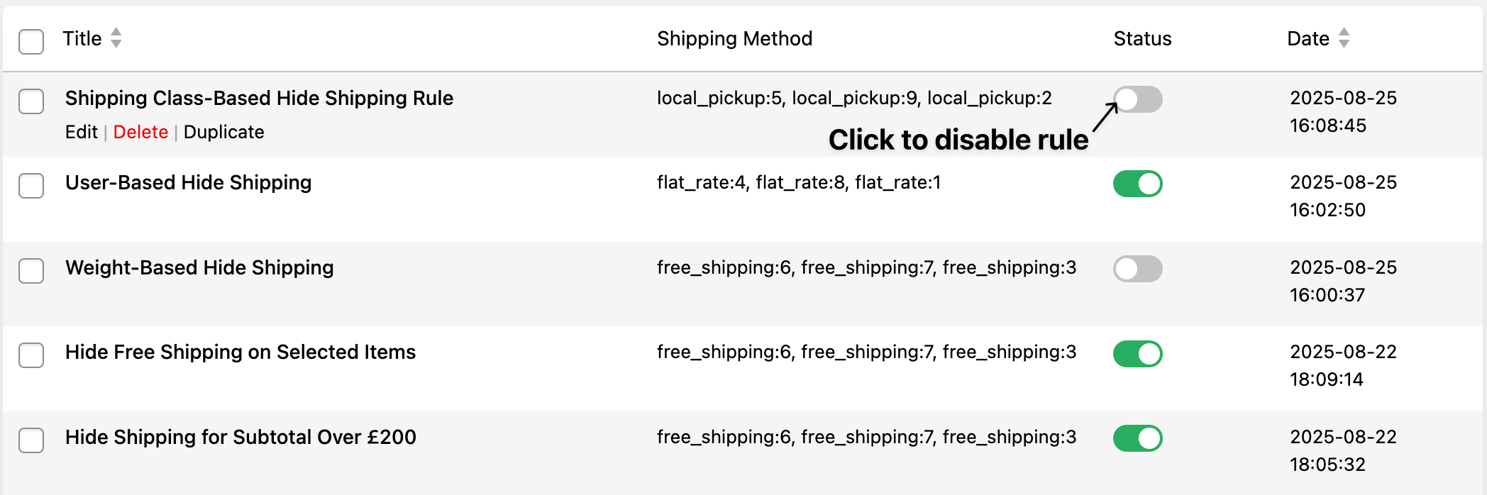 Disable rules from the rule list