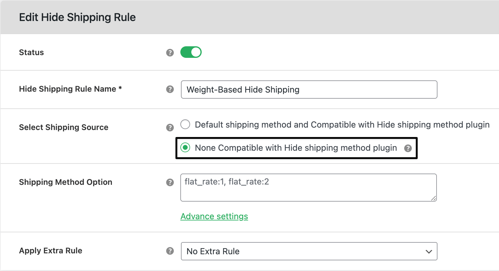 Incompatible shipping hide option