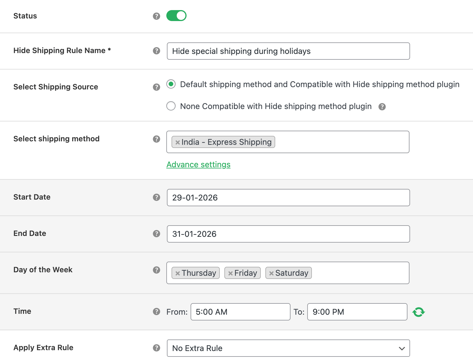 setting screenshot of hide shipping for specific date