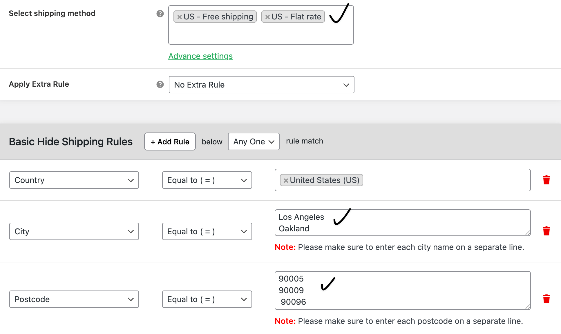 Hide city and postcode based free and flat rate