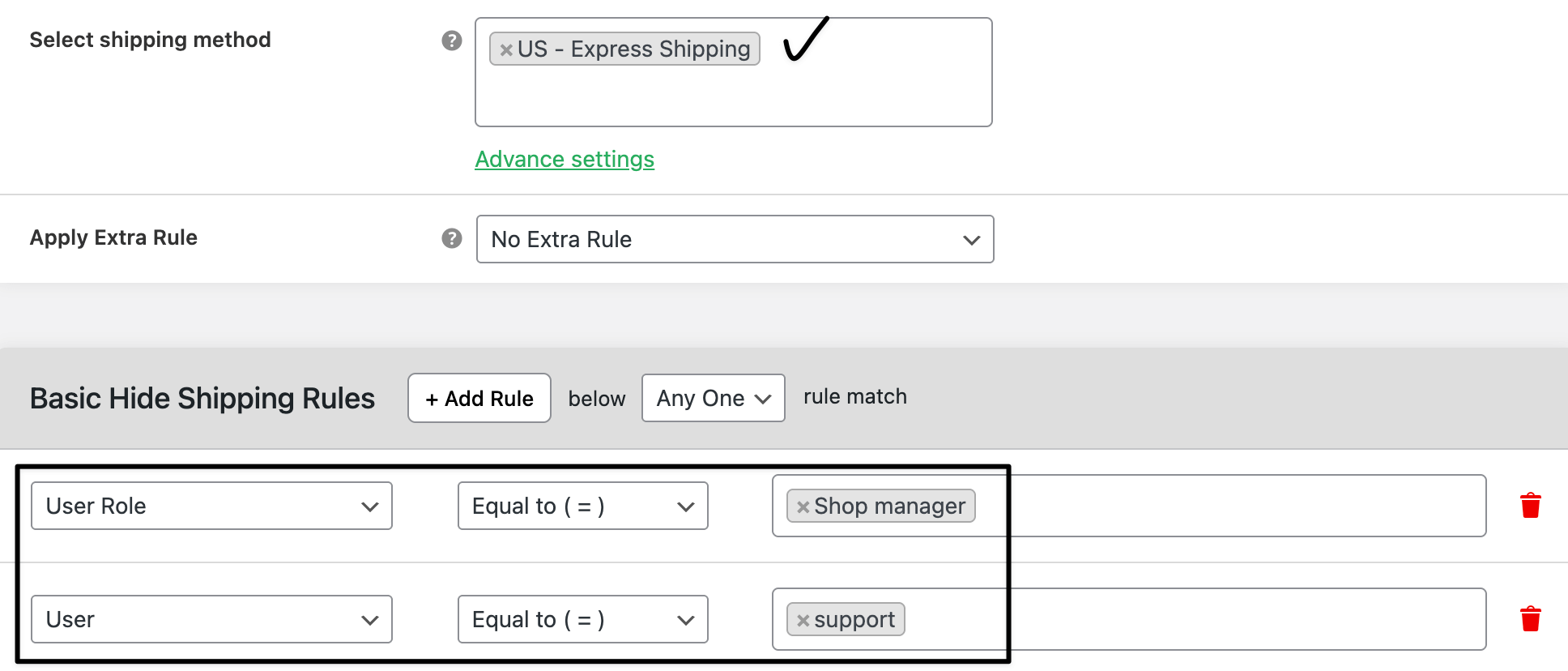 User role or user based hide shipping rule