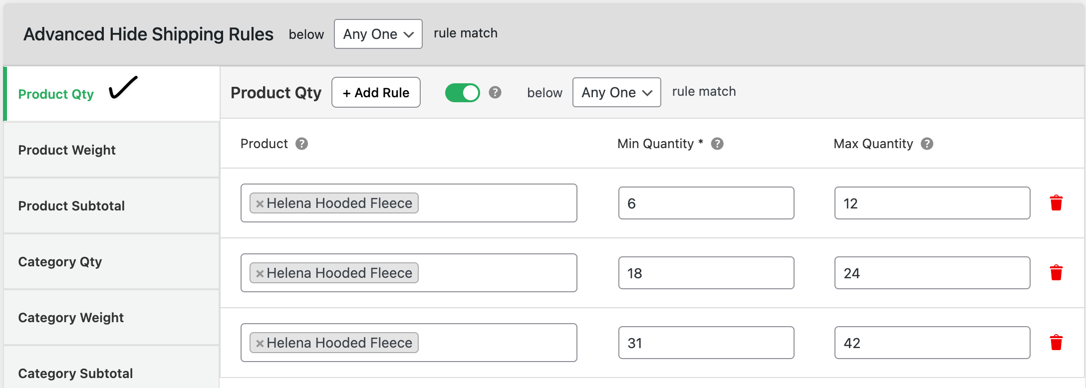 Advanced rules - Product quantity range