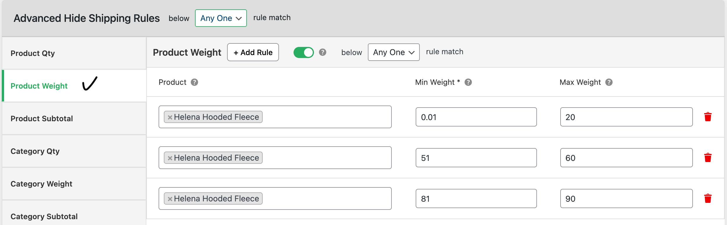 Product weight advanced rule