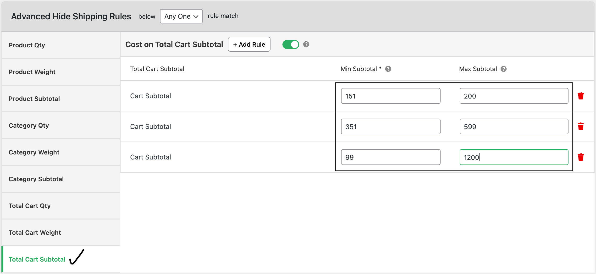 Subtotal range based hide shipping