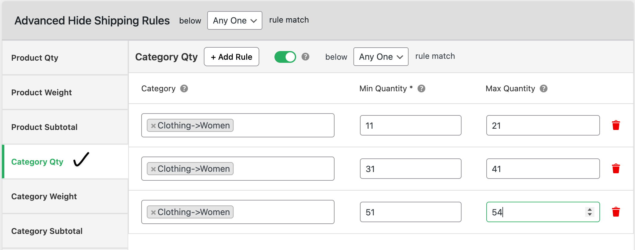 Category range based hide shipping