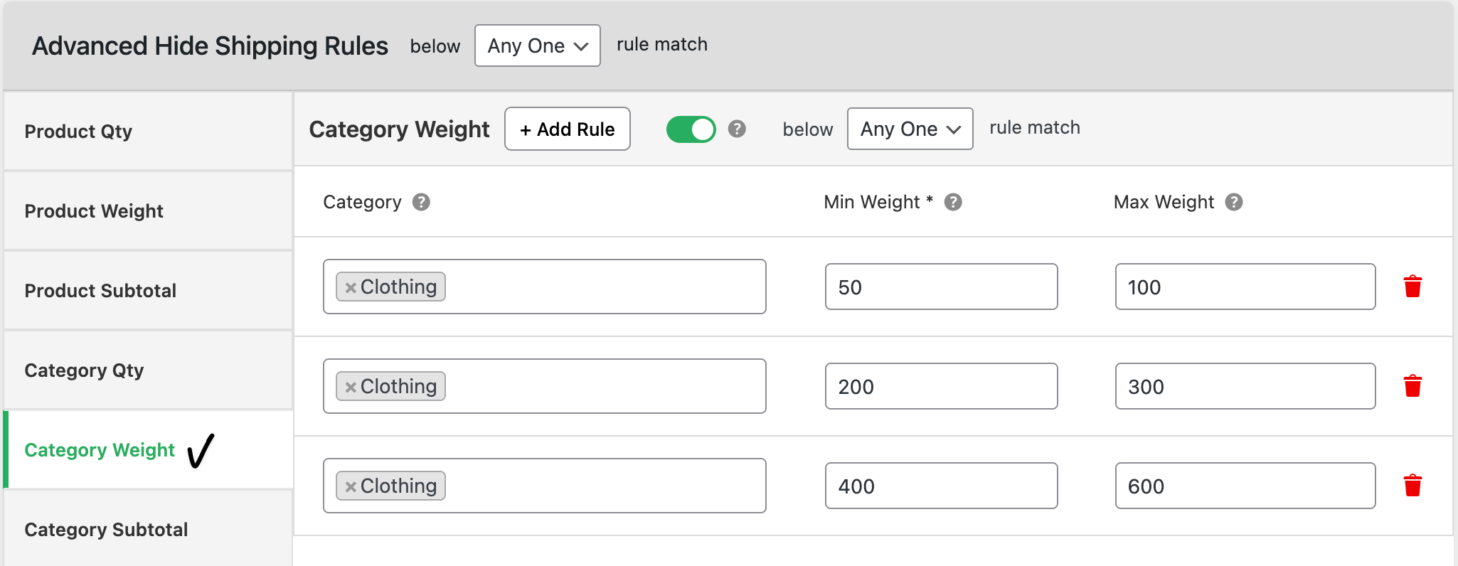 Hide shipping by category weight