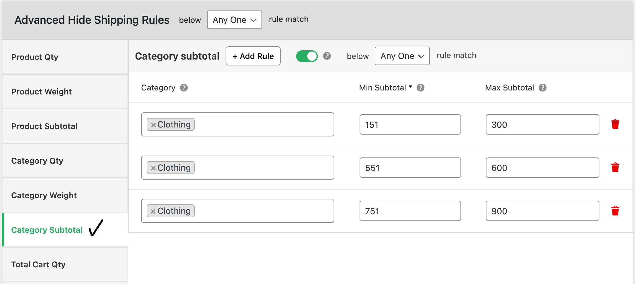 Category subtotal based hide shipping rules