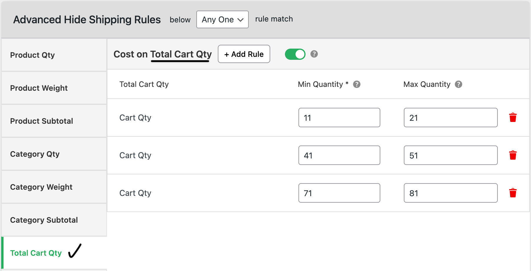 Total cart quantity rule