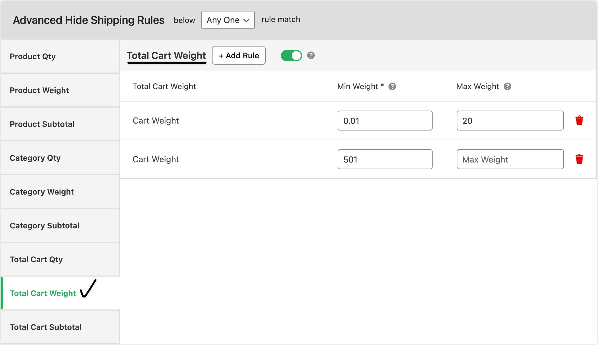 Total cart weight range