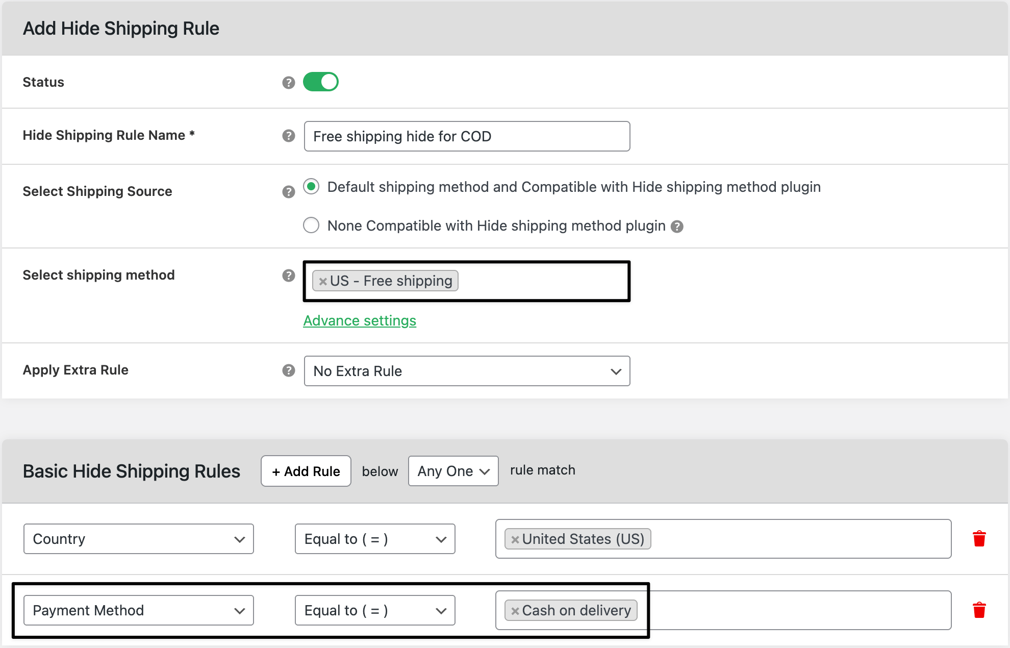 Payment method based hide shipping