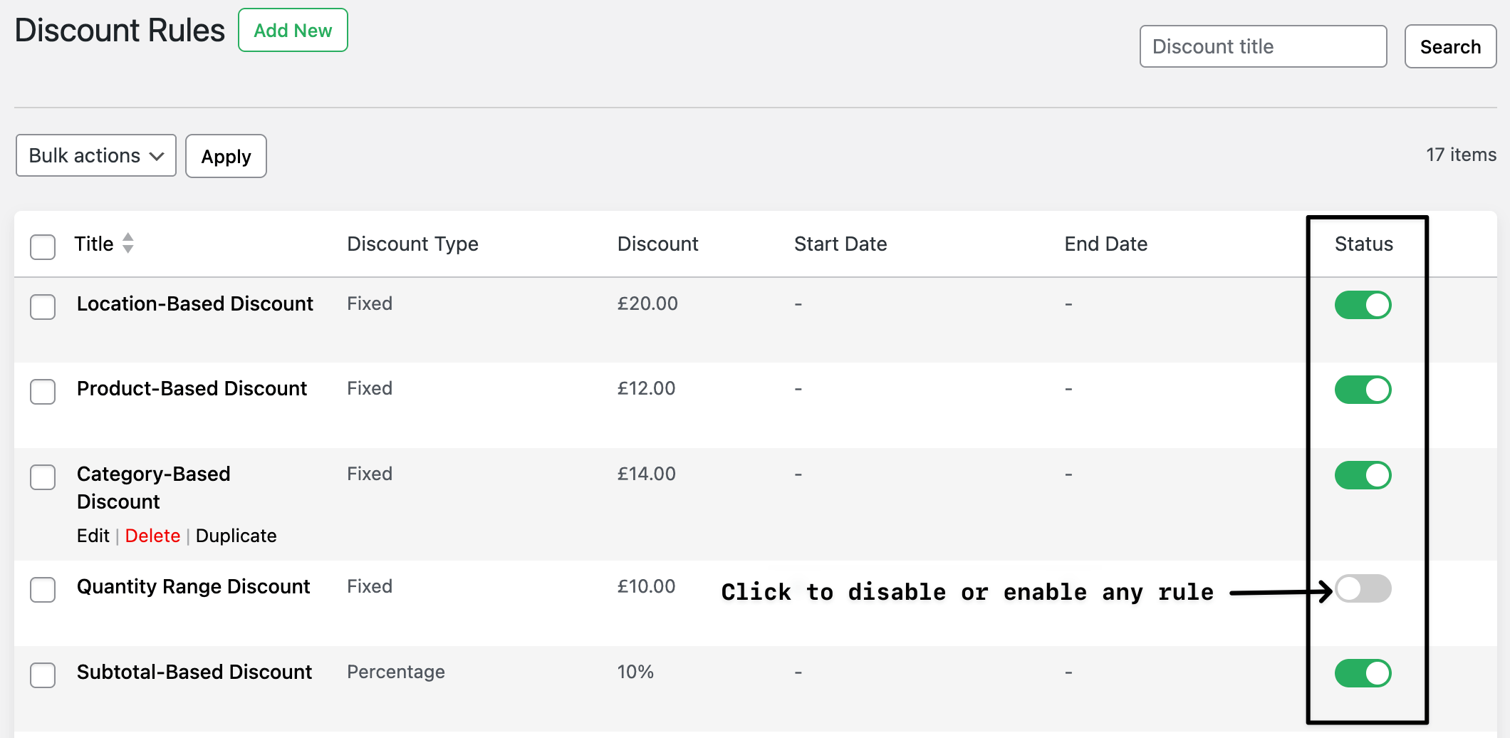 Click to change rule status