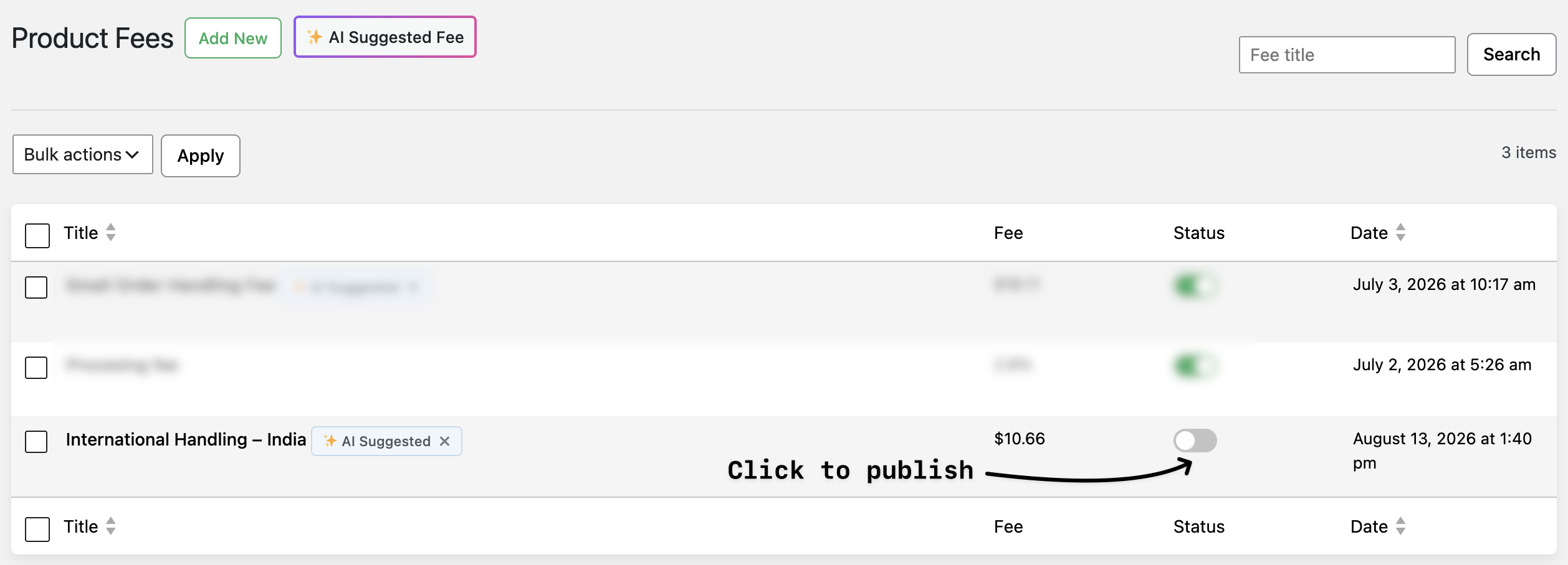 Click to publish fees
