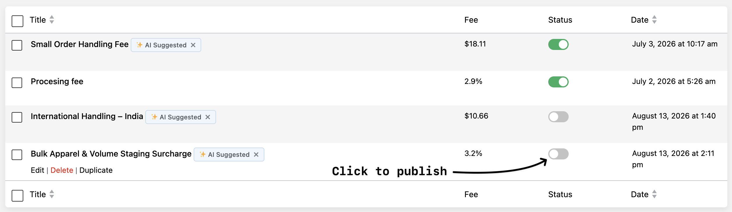 Click to live fee