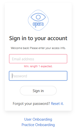 OPERA homepage showing the Practice Onboarding link